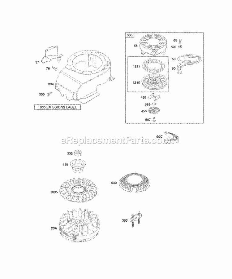 Blower HousingShrouds Flywheel Rewind Starter Diagram and Parts List for 12J702-0639-01  Briggs and Stratton Engine